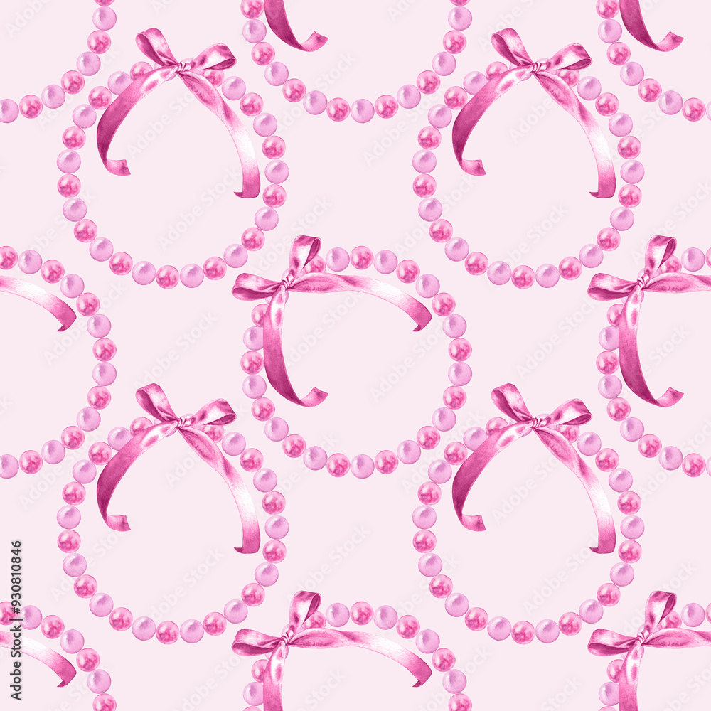 Seamless pattern of watercolor shiny pink pearls jewelry, bracelet, necklace, frame gift bow. Glamour, marine. Painted elements on pink background. Hand drawn illustration. For fabric, wrapping Seamless pattern of watercolor shiny pink pearls jewelry, bracelet, necklace, frame gift bow. Glamour, marine. Painted elements on pink background. Hand drawn illustration. For fabric, wrapping