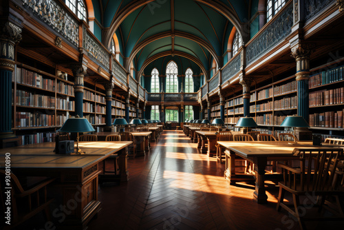 A quiet library filled with rows of books waiting to be explored, offering an escape from the bustle of the outside world. Concept of intellectual refuge and scholarly pursuit. Generative Ai.