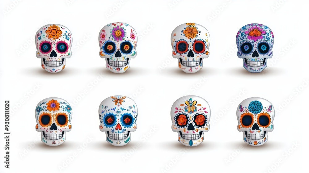 A set of colorful skulls with flowers and other decorations A set of colorful skulls with flowers and other decorations