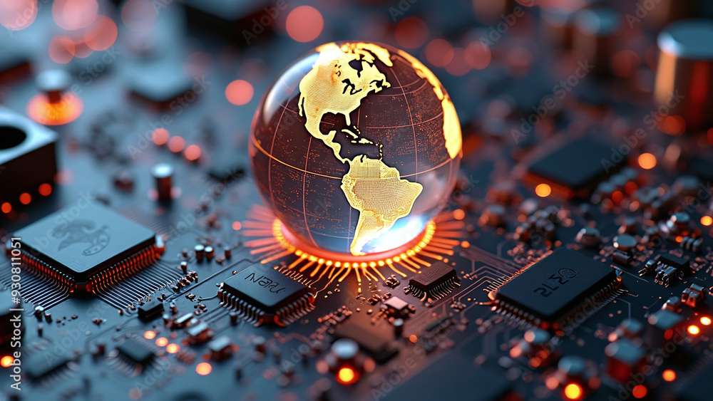 Glowing Globe over Circuit Board: Global Connectivity