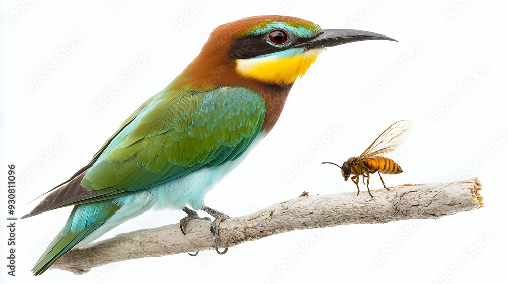 A colorful bird perched on a branch next to a bee, showcasing nature's beauty. A colorful bird perched on a branch next to a bee, showcasing nature's beauty.
