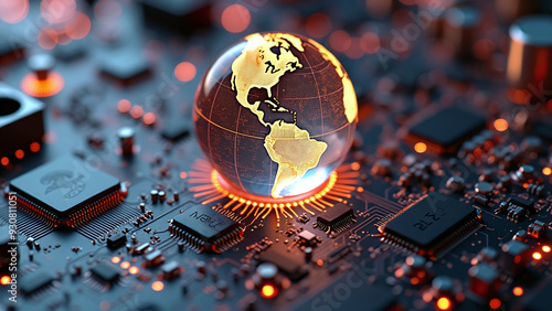 Obraz na płótnie Glowing Globe over Circuit Board: Global Connectivity w salonie