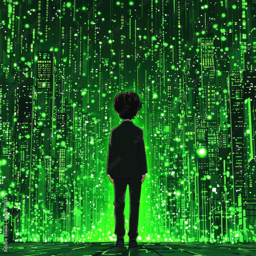 Young Man Standing Before Digital Cityscape