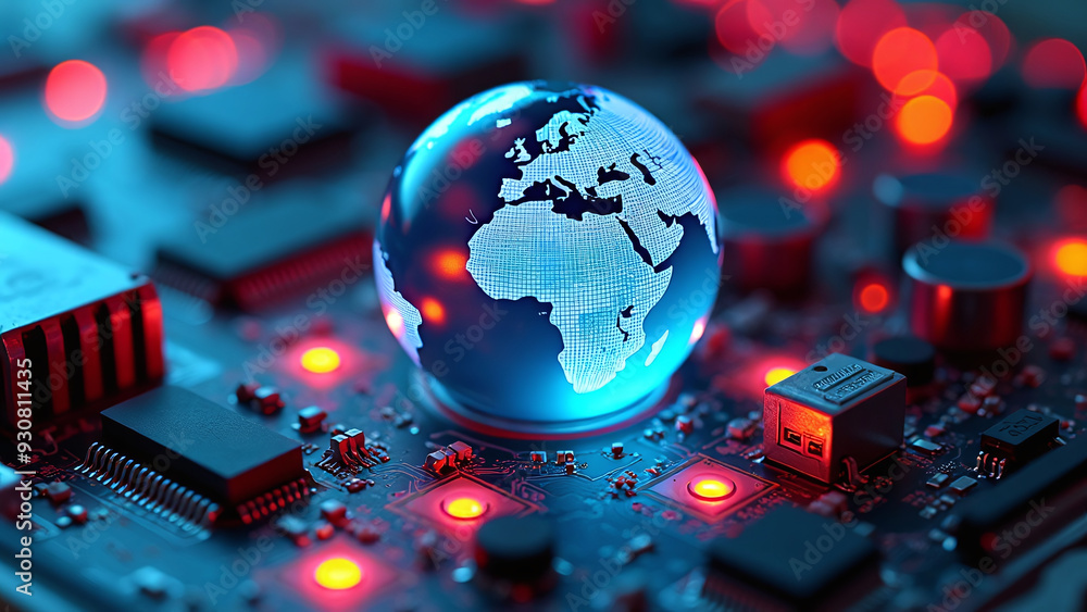 Glowing Globe over Circuit Board: Global Connectivity