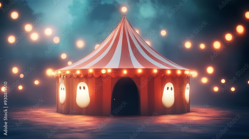 Spooky circus tent with ghostly lights, Halloween theme, 3D illustration Spooky circus tent with ghostly lights, Halloween theme, 3D illustration