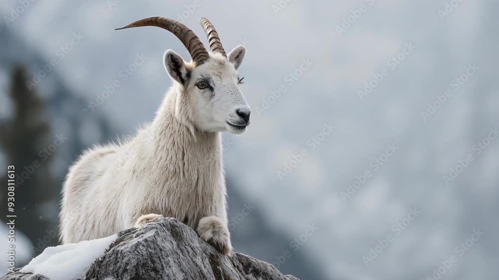 cute highland goat, Alpine goat lay on rock mountain peak with snow falling cute highland goat, Alpine goat lay on rock mountain peak with snow falling