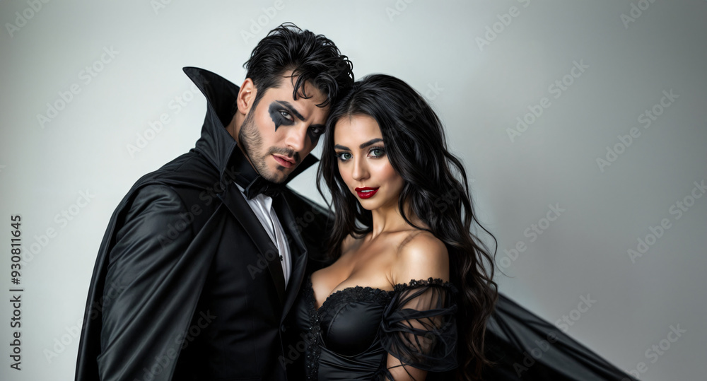 Man and woman in vampire costumes hugging and celebrating Halloween on a solid color background with Copy Space Man and woman in vampire costumes hugging and celebrating Halloween on a solid color background with Copy Space