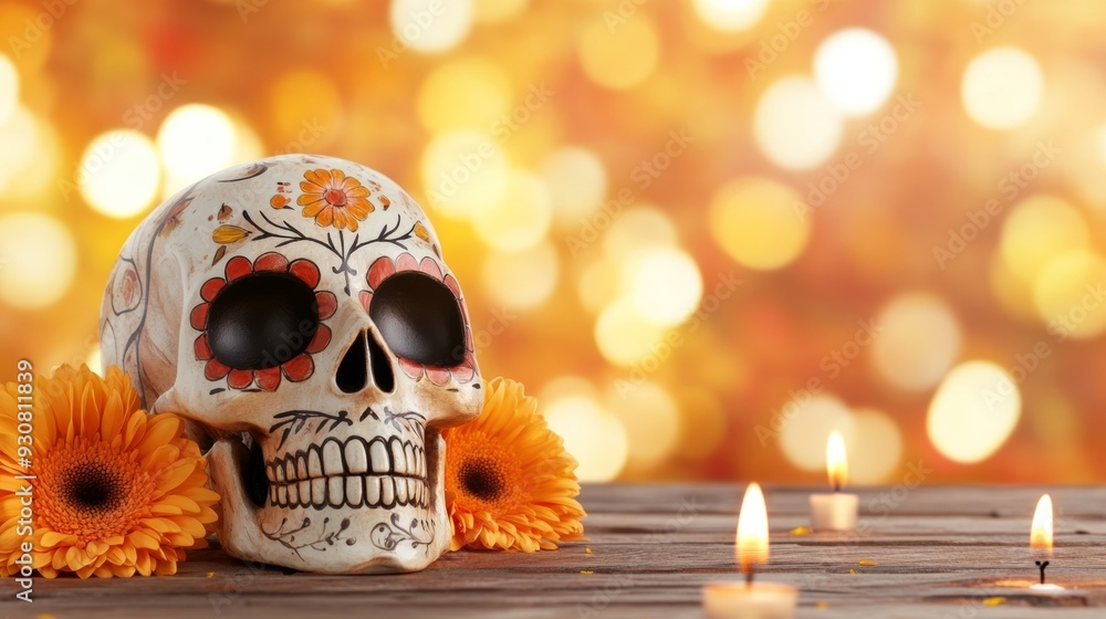 A skull is placed on a table with orange flowers and candles A skull is placed on a table with orange flowers and candles
