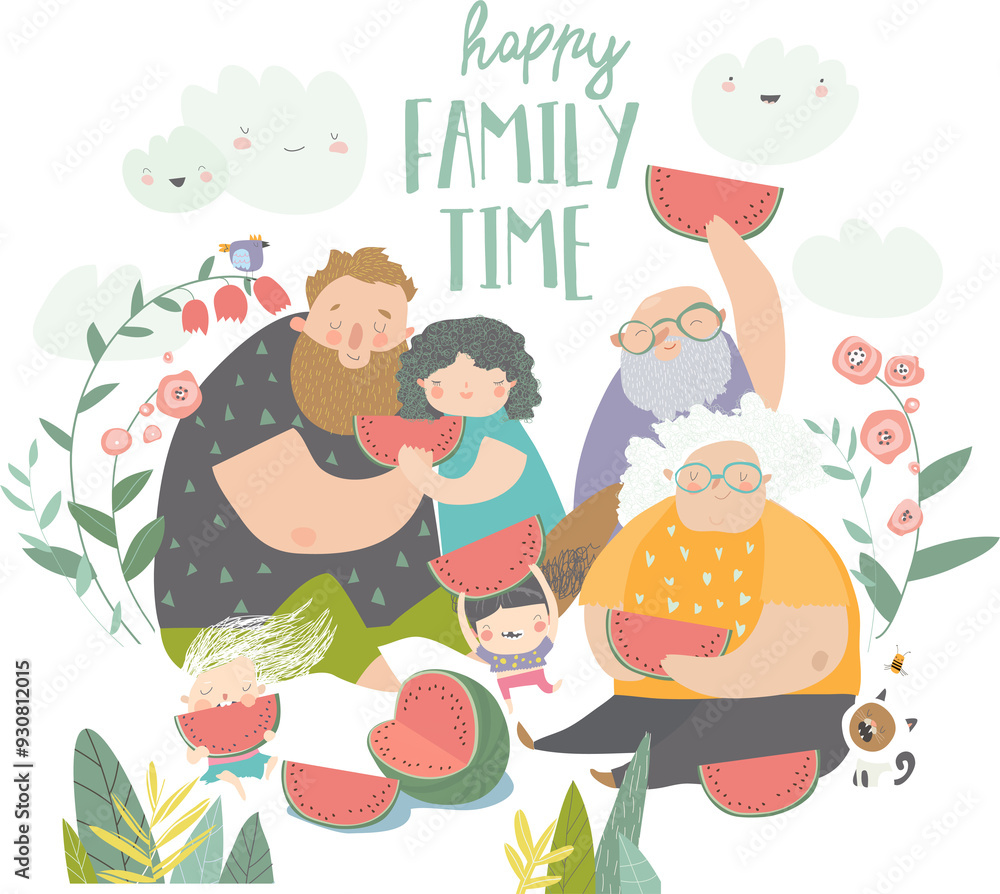 Happy family eating watermelon in the park Happy family eating watermelon in the park
