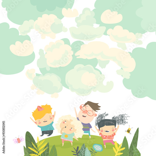 Cartoon happy kids watching clouds in the sky