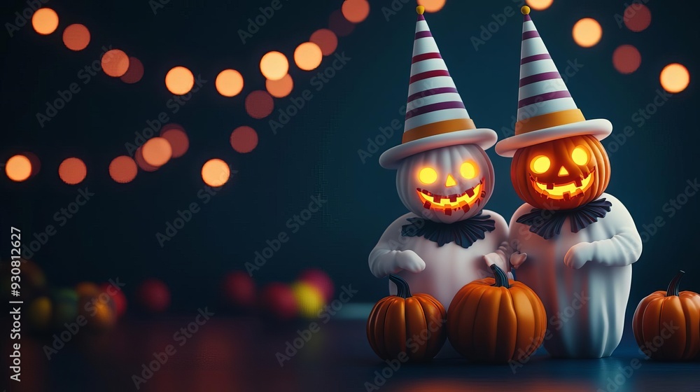 Naklejka premium Halloween circus, ghostly clowns with glowing pumpkin heads, dark background, 3D illustration