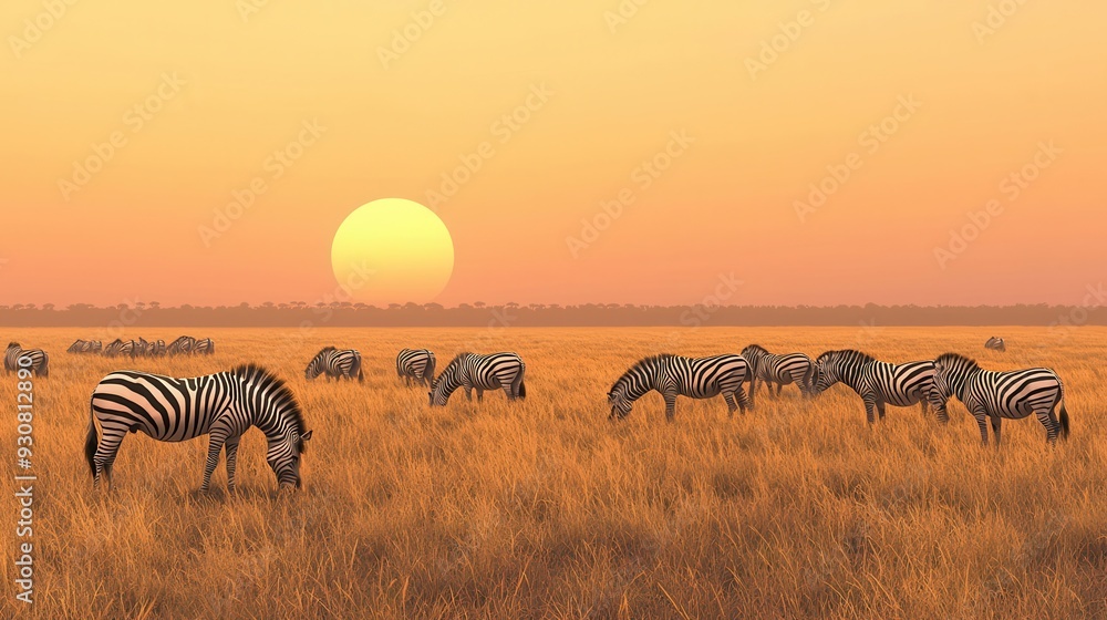 Fototapeta premium Zebra Herd in the African Savanna at Sunset