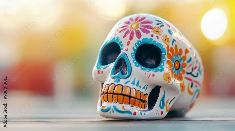 A skull with flowers painted on it is sitting on a wooden table A skull with flowers painted on it is sitting on a wooden table