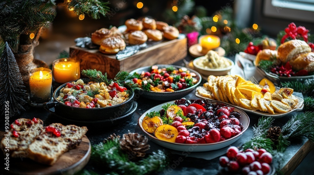 Christmas Brunch with Festive Foods and Table Setting in Holiday Decor Christmas Brunch with Festive Foods and Table Setting in Holiday Decor