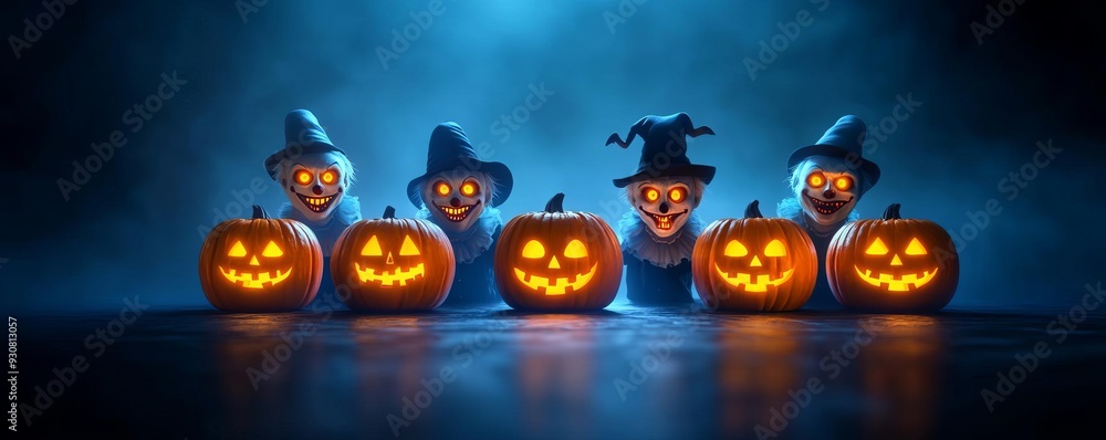 Halloween circus, creepy clowns with glowing jack-o'-lanterns, dark scene, 3D illustration Halloween circus, creepy clowns with glowing jack-o'-lanterns, dark scene, 3D illustration
