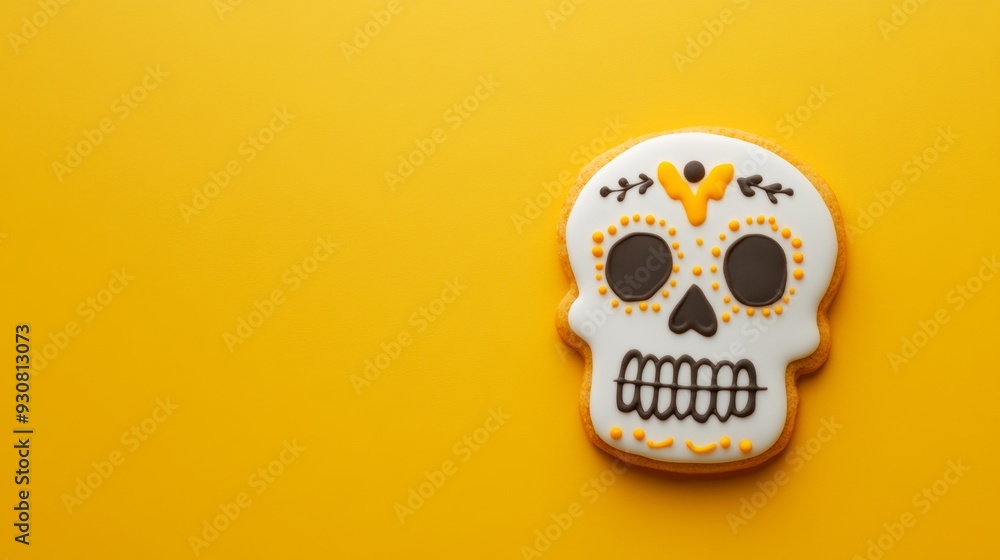 A skull cookie with yellow icing on a yellow background A skull cookie with yellow icing on a yellow background
