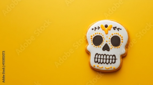 A skull cookie with yellow icing on a yellow background