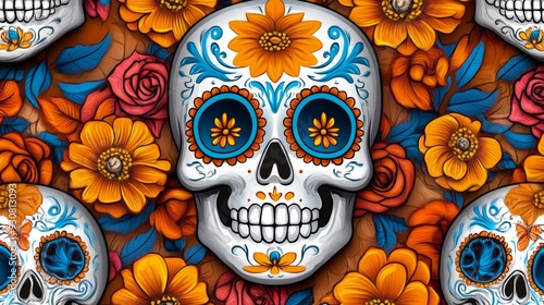 A colorful skull with flowers and leaves surrounding it