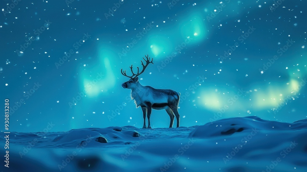 Reindeer Standing in Snowy Landscape with Aurora Borealis Reindeer Standing in Snowy Landscape with Aurora Borealis