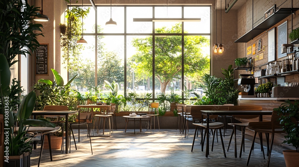 Fototapeta premium A cozy cafÃ© interior with natural light pouring through large windows, adorned with indoor plants and eco-friendly dÃ©cor