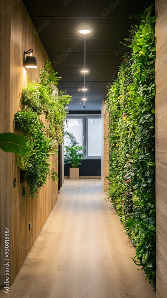 Fototapeta premium A serene office space with biophilic design elements, incorporating living walls and wooden textures for a calming atmosphere
