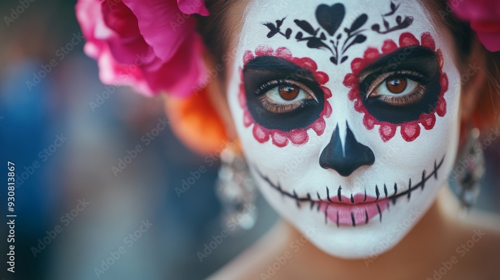 A woman with a white face and red flowers on her head A woman with a white face and red flowers on her head