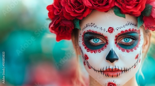 A woman with a skull and rose petals on her face photo