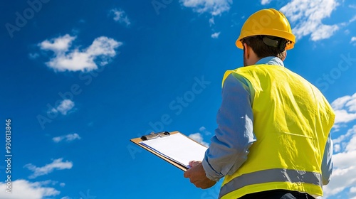 An environmental health officer conducting an outdoor inspection at a construction site, clipboard in hand, with a clear blue sky overhead