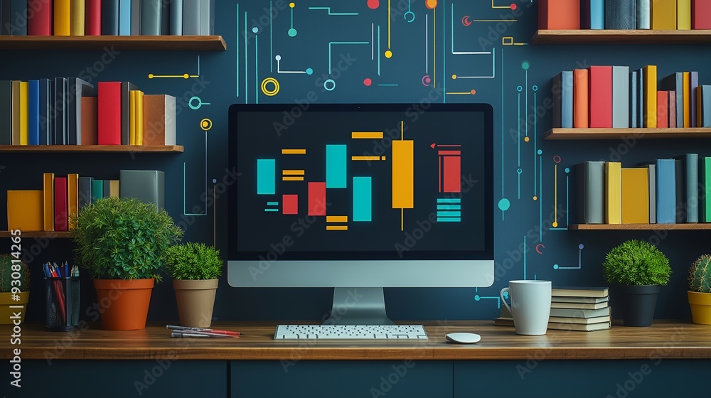 A modern workspace featuring a computer with data visuals, surrounded by books and plants. A modern workspace featuring a computer with data visuals, surrounded by books and plants.