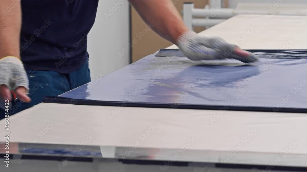 Workers in the production line are engaged in the process of pasting a sheet panel. They meticulously smooth it by hand and adhere it to a metal sheet. Slow motion. Close up. Workers in the production line are engaged in the process of pasting a sheet panel. They meticulously smooth it by hand and adhere it to a metal sheet. Slow motion. Close up.