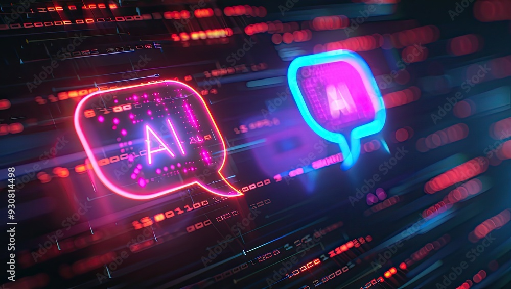 Obraz premium Innovative AI-Powered Communication Interface with Neon Digital Effects. High-Tech Design Featuring AI Speech Bubbles and Binary Code Background. Advanced AI Chatbot Technology for Modern Digital