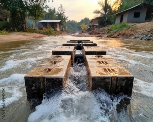 Show a rural community using a microhydro power system to generate electricity from a small river photo