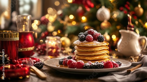 Festive Christmas Morning Breakfast with Pancakes Topped with Berries and Maple Syrup photo