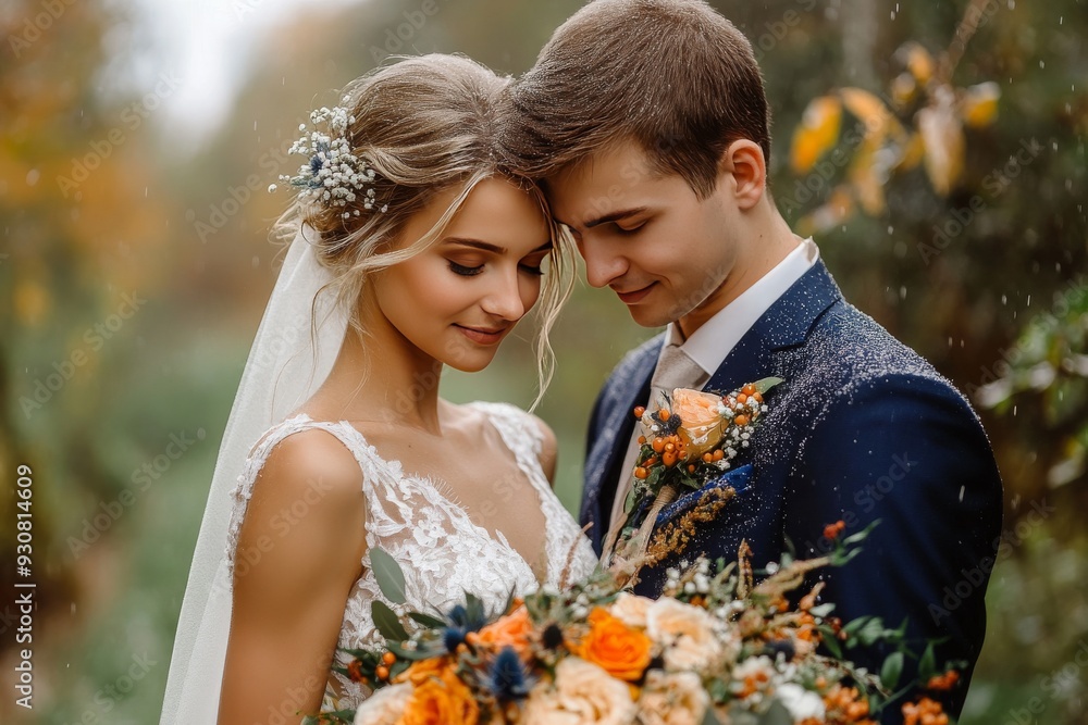Bride and groom sharing a romantic moment in an autumnal setting symbolizing love and unity Bride and groom sharing a romantic moment in an autumnal setting symbolizing love and unity