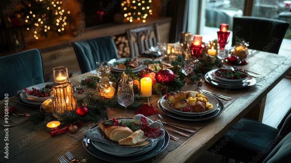 Elegant Christmas Dinner Table Setting with Festive Decorations and Candlelight Elegant Christmas Dinner Table Setting with Festive Decorations and Candlelight