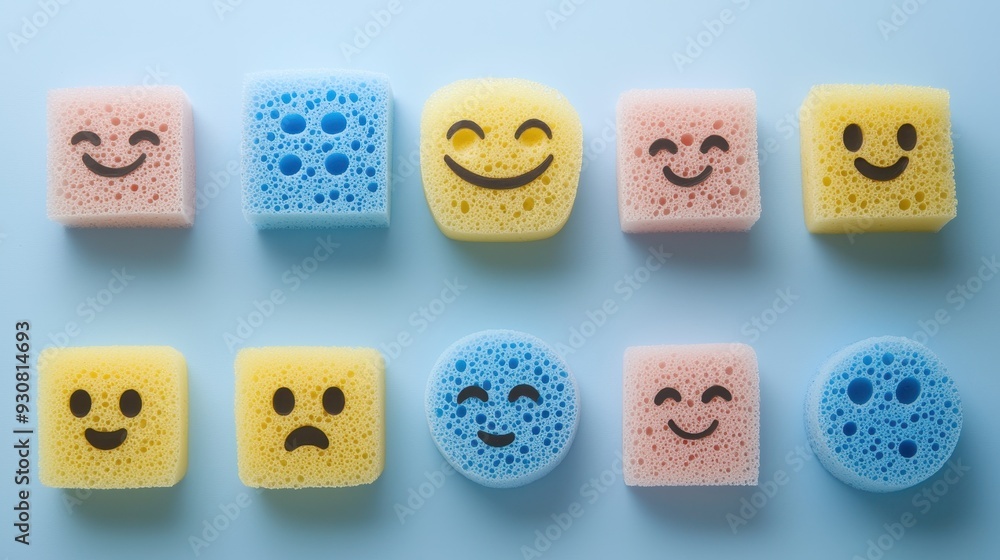 Colorful Sponges with Happy Faces on Blue Background Colorful Sponges with Happy Faces on Blue Background