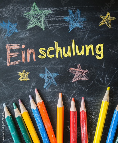 Szene mit bunten Kreidestücken& verspielten Zeichnungen auf einer Schultafel. Die Worte 