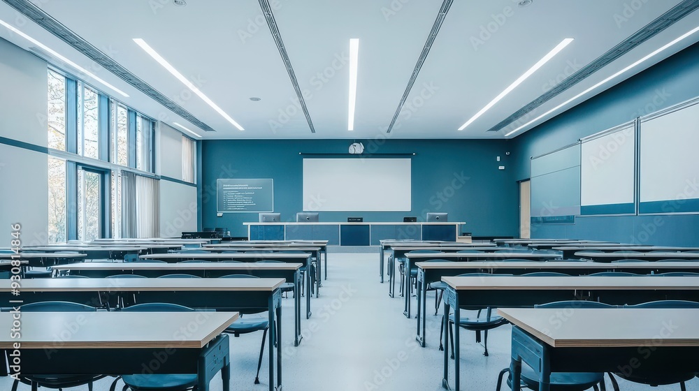 Modern Empty Classroom Interior with Desks Chairs Whiteboard Projector Screen and Windows Modern Empty Classroom Interior with Desks Chairs Whiteboard Projector Screen and Windows