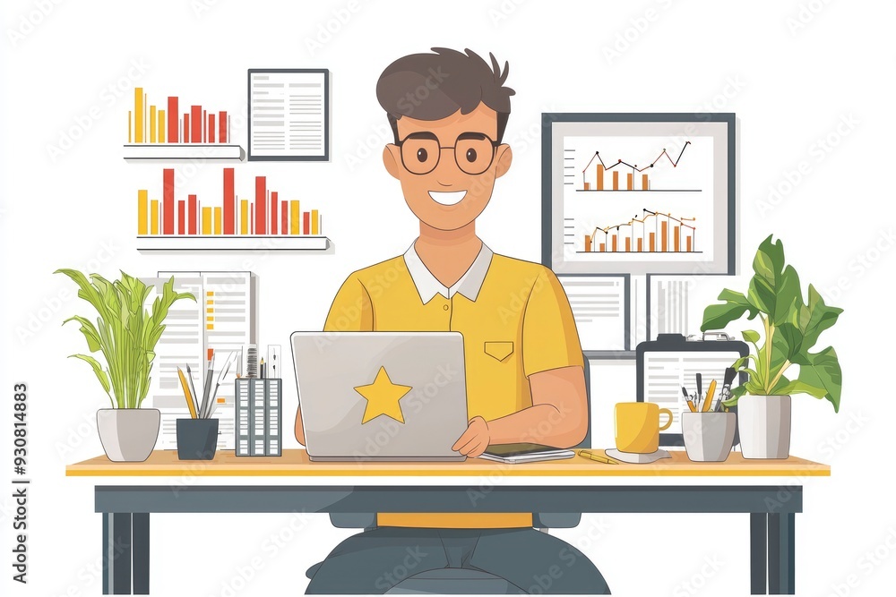 Smiling Man Working on Laptop at Desk with Charts and Graphs Smiling Man Working on Laptop at Desk with Charts and Graphs