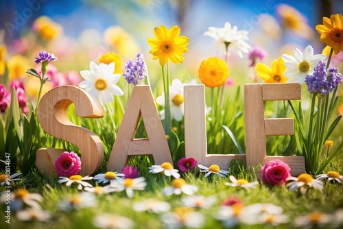 Spring sale poster banner with blooming flowers background template. Design for advertising, voucher, flyers, brochure, cover discount. photo