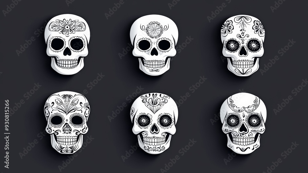 A set of six skulls with flowers on them A set of six skulls with flowers on them