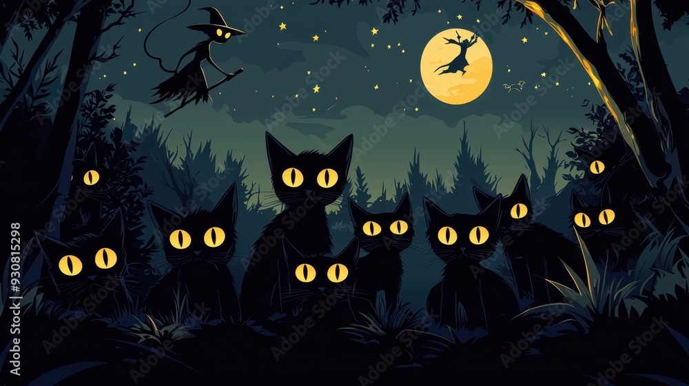 Fototapeta premium Halloween Night Forest with Black Cats and a Witch