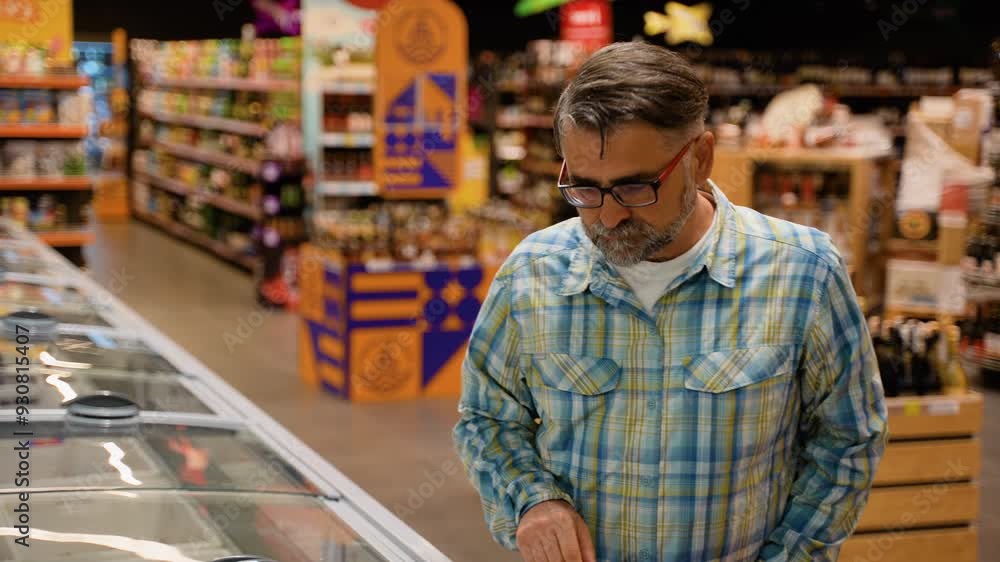 Middle-aged man takes fresh red fish salmon from refrigerator in a supermarket Middle-aged man takes fresh red fish salmon from refrigerator in a supermarket