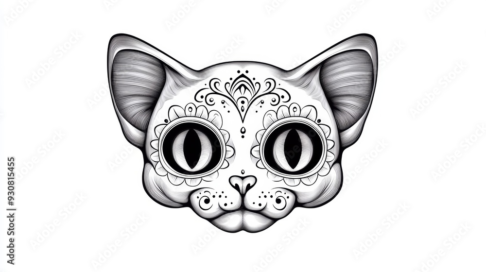 A cat with a face that is decorated with flowers and a skull A cat with a face that is decorated with flowers and a skull
