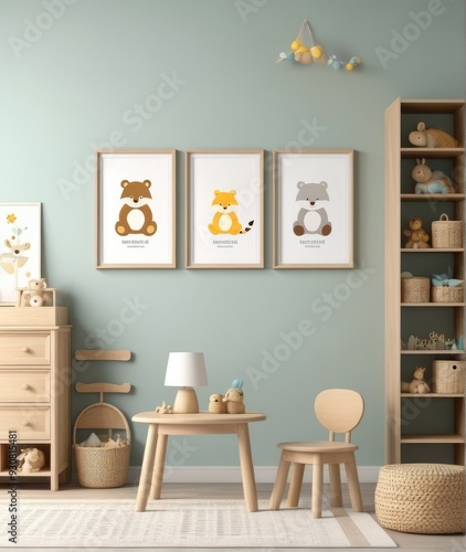 Mock up frame in children room with natural wooden furniture, 3D render