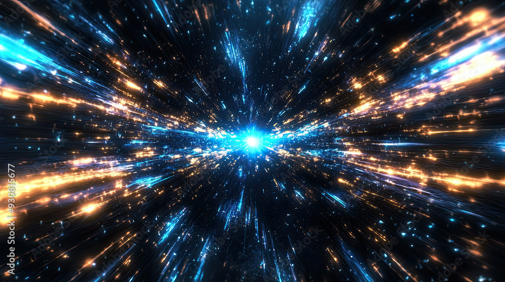 Fototapeta premium Tech Blue Tunnel on Black Background, Futuristic Laser Space, Blazing Neon Rays, Flying Through the Universe Corridor, High-Tech Visuals, Sci-Fi Design, Dynamic Light Effects