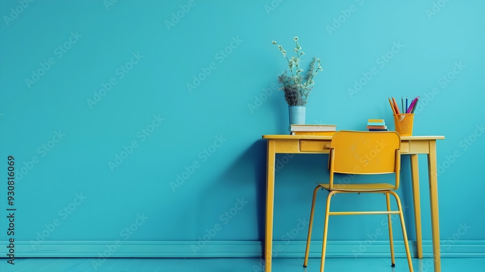 a school desk with a chair with school supplies on a blue background with copy space a school desk with a chair with school supplies on a blue background with copy space