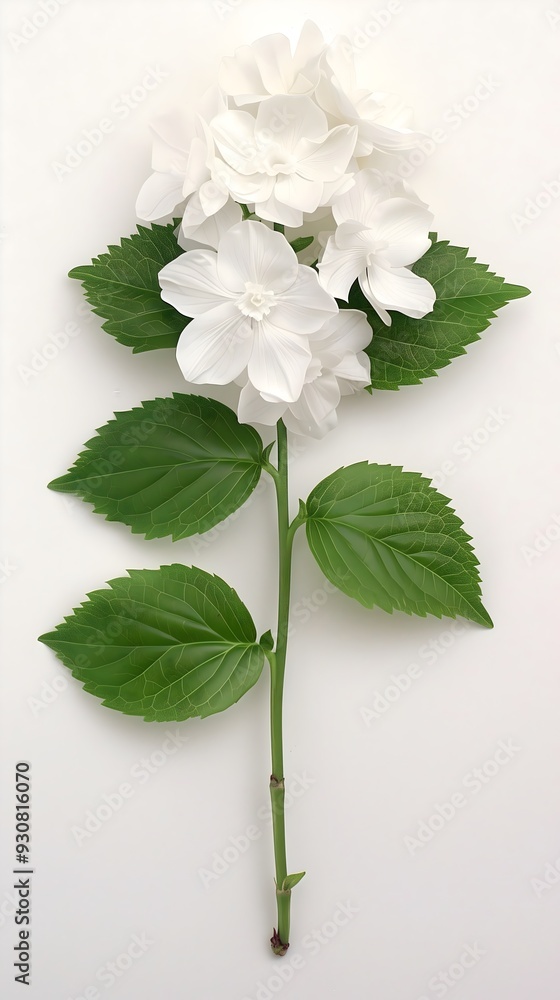 White flower with green leaves on basic white background White flower with green leaves on basic white background