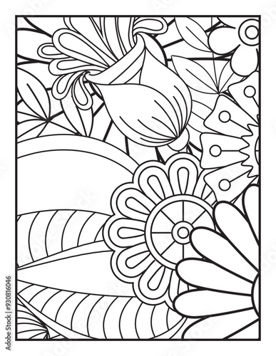 Wallpaper Mural Coloring pages for children and adults. Blooming garden illustration hand drawing. Flower pattern in black and white for adult coloring book. Zentangle art drawing pattern.  Torontodigital.ca