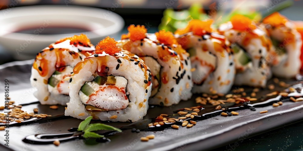 Chic presentation of sushi rolls topped with cream cheese accompanied by soy sauce wasabi and ginger Chic presentation of sushi rolls topped with cream cheese accompanied by soy sauce wasabi and ginger